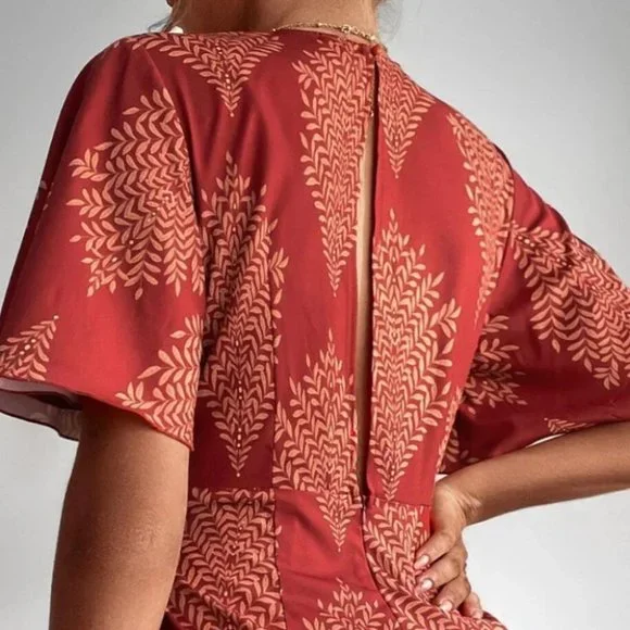 Boho Tropical Print Butterfly Sleeved Mini Romper burgundy red - Picture 6 of 7